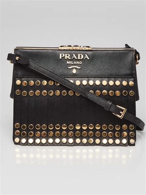 prada women's leather fringe straps studded idol shoulder bag black|Prada galleria leather strap.